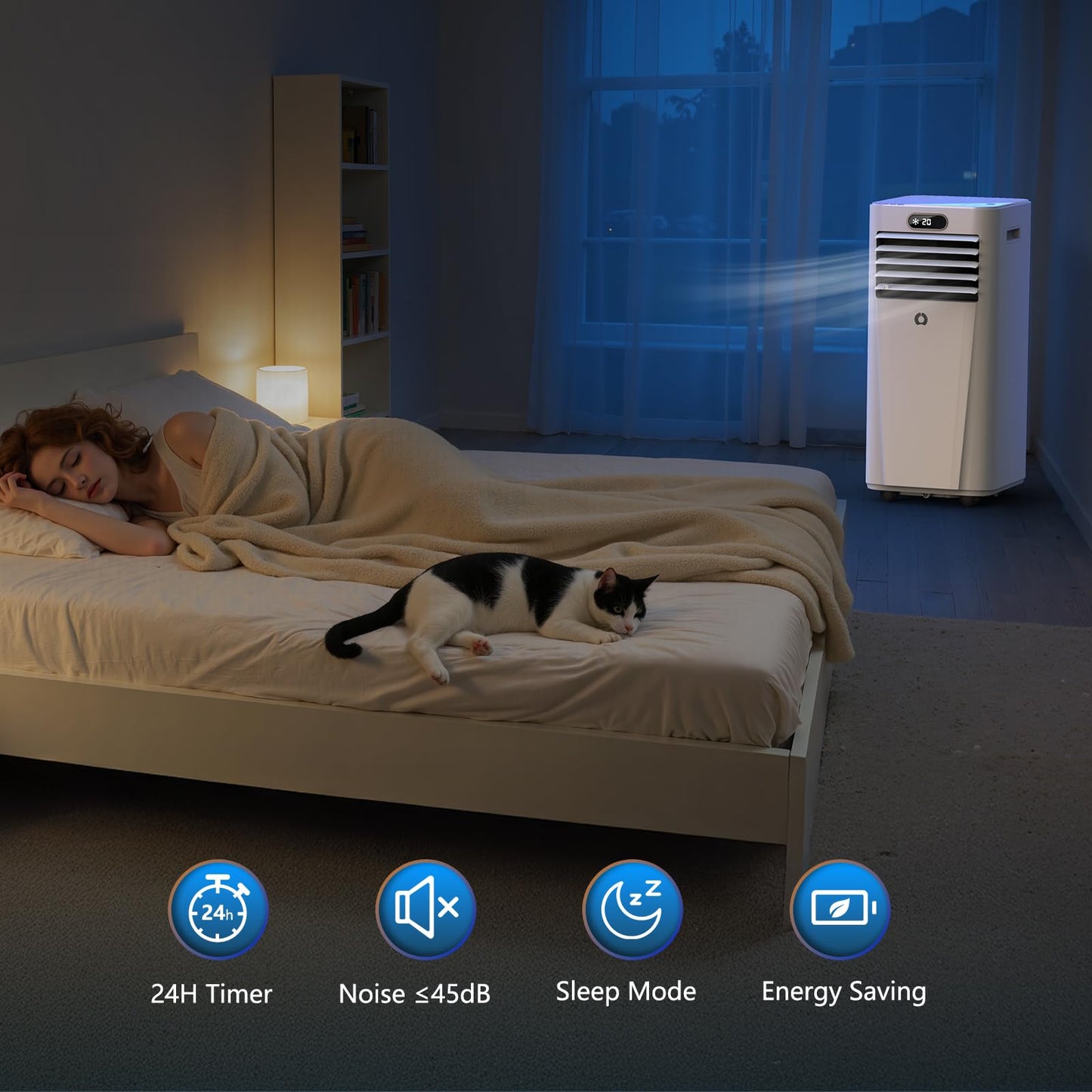 10000 BTU portable 3-in-1 AC unit, 450 sq ft coverage, sleep mode, timer, window kit included.