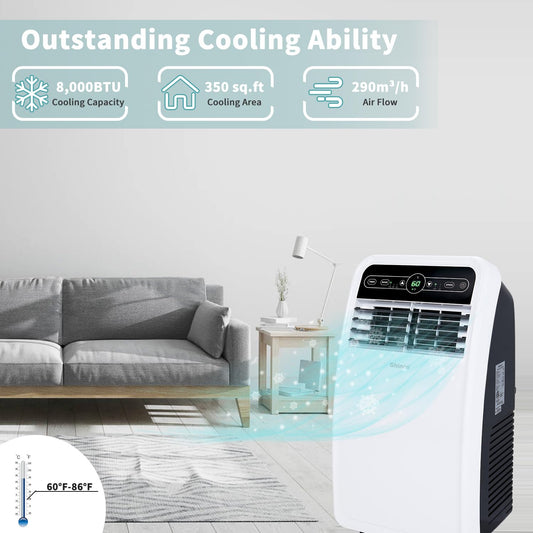 Shinco 8000 BTU portable air conditioner, 3-in-1 cooling system for rooms up to 350 sq ft.