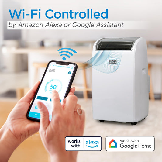 BLACK+DECKER 14000 BTU portable AC with heating, 700 sq ft room coverage, smart controls.