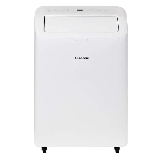 Hisense 8000 BTU dual-hose portable AC, inverter tech, 350 sq ft cooling, quiet 42 dB operation.