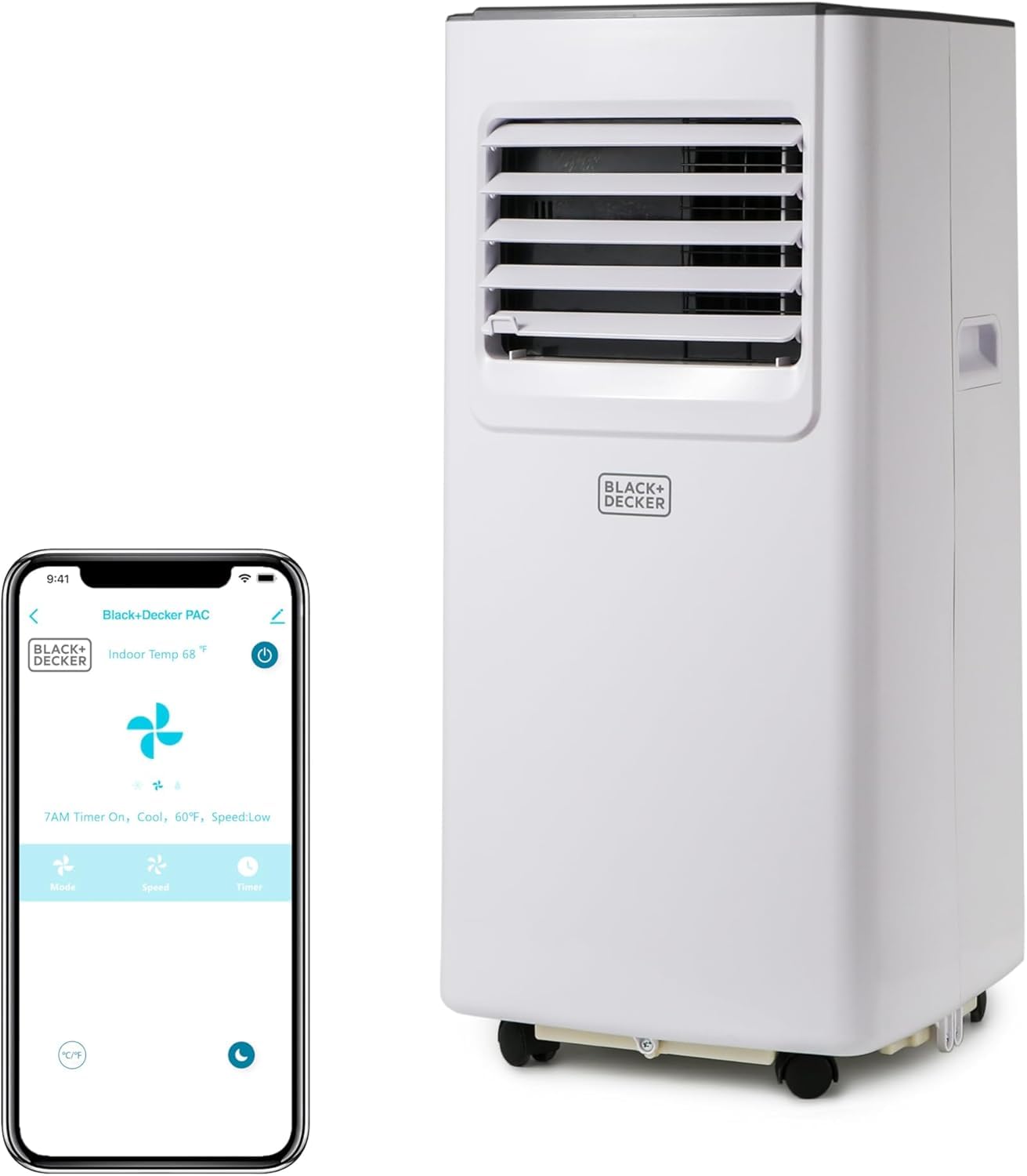 BLACK+DECKER 8000 BTU portable AC, WiFi control, fan & dehumidifier, Alexa/Google compatible.