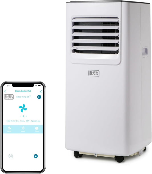 BLACK+DECKER 8000 BTU portable AC, WiFi control, fan & dehumidifier, Alexa/Google compatible.