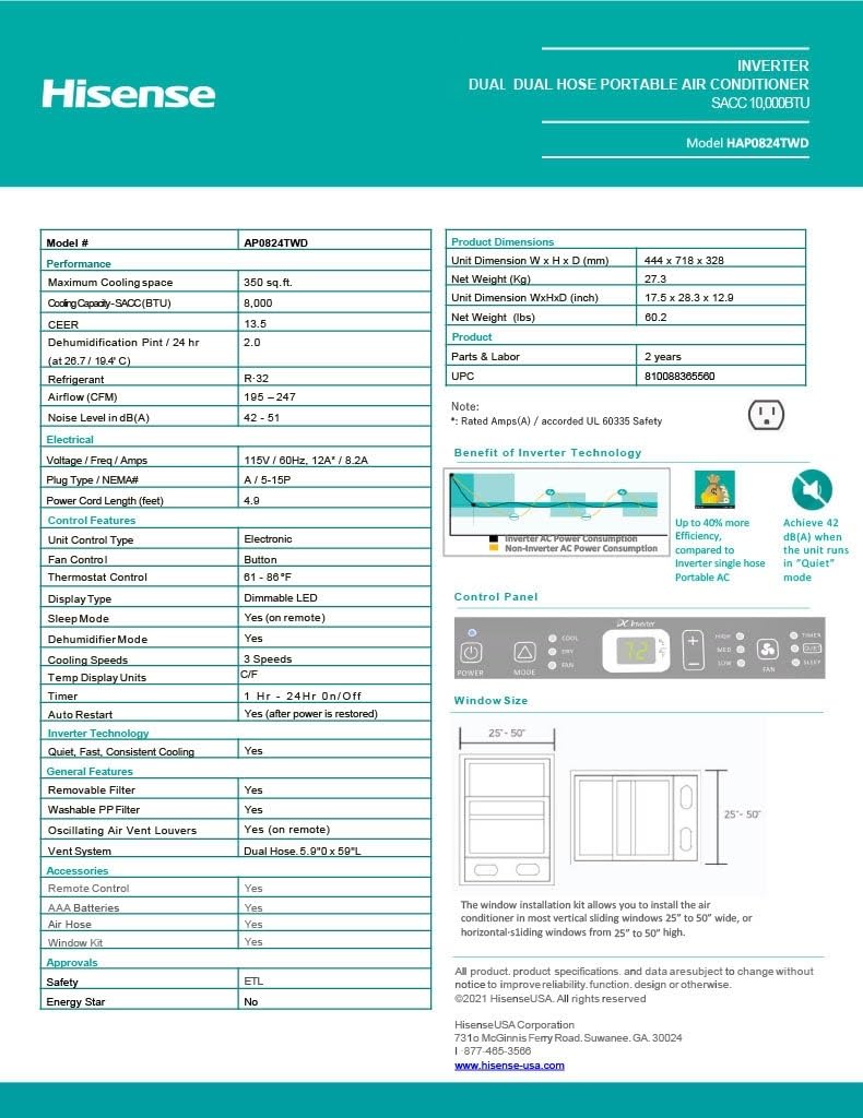 Hisense 8000 BTU dual-hose portable AC, inverter tech, 350 sq ft cooling, quiet 42 dB operation.