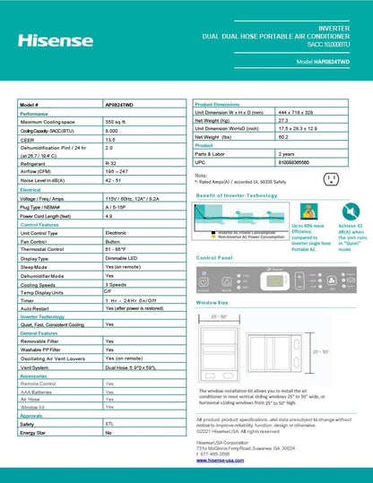 Hisense 8000 BTU dual-hose portable AC, inverter tech, 350 sq ft cooling, quiet 42 dB operation.