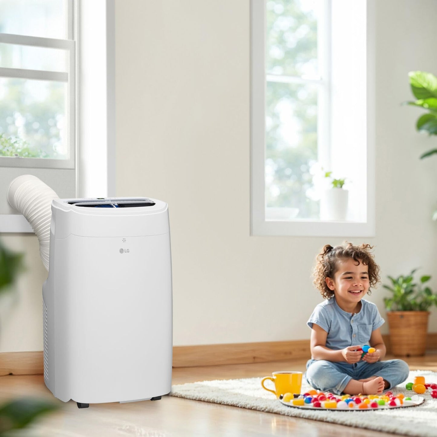 LG 7300 BTU smart portable air conditioner, 300 sq ft cooling, WiFi + ThinQ + Alexa/Google support.