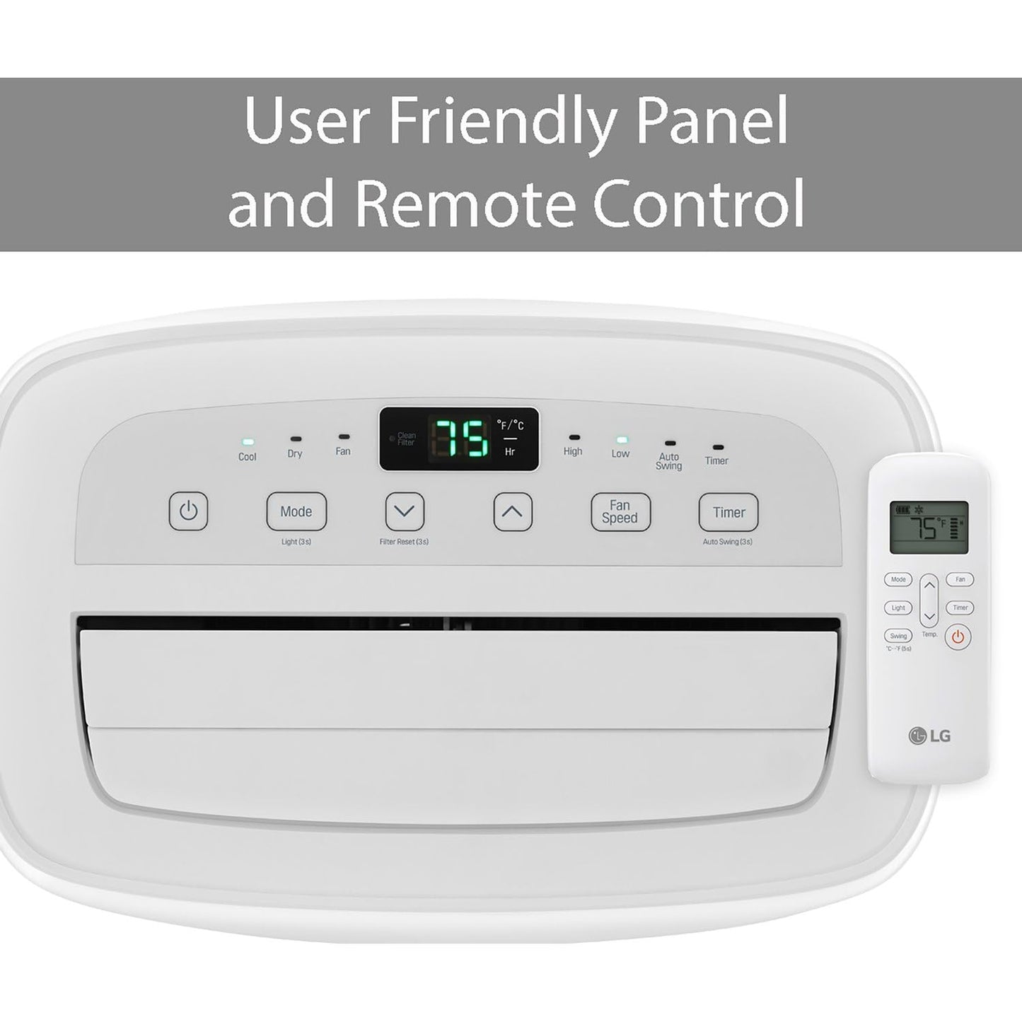 LG 6000 BTU portable AC, quiet operation, 250 sq ft cooling, remote control included.