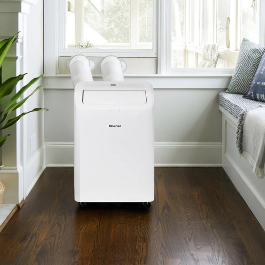 Hisense 8000 BTU dual-hose portable AC, inverter tech, 350 sq ft cooling, quiet 42 dB operation.
