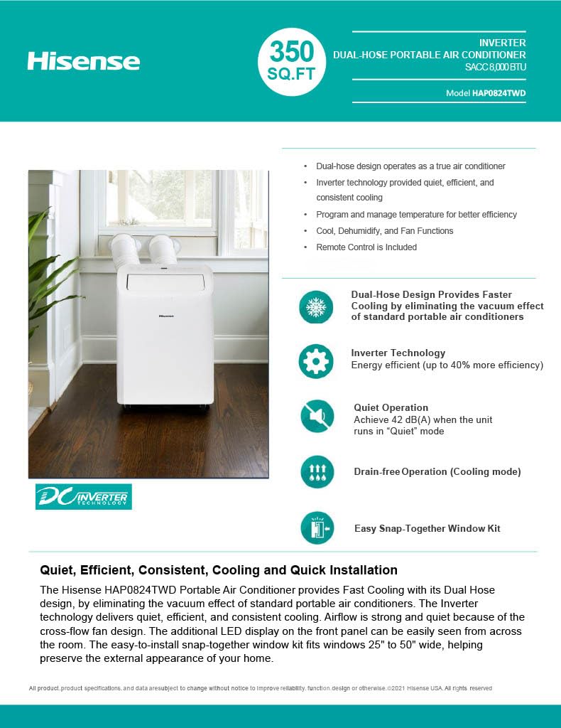 Hisense 8000 BTU dual-hose portable AC, inverter tech, 350 sq ft cooling, quiet 42 dB operation.