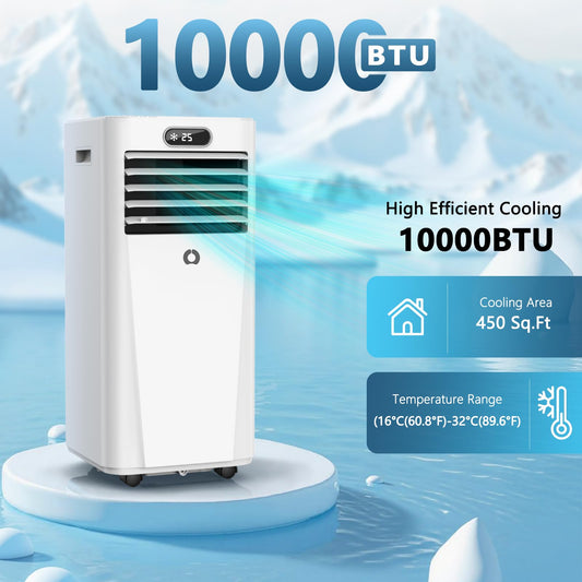 10000 BTU portable 3-in-1 AC unit, 450 sq ft coverage, sleep mode, timer, window kit included.