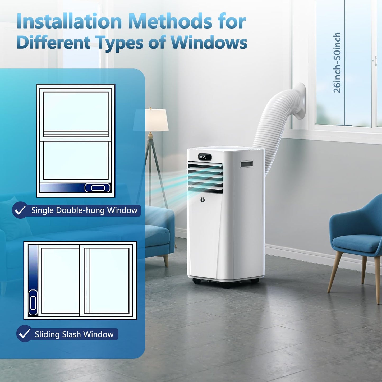 10000 BTU portable 3-in-1 AC unit, 450 sq ft coverage, sleep mode, timer, window kit included.