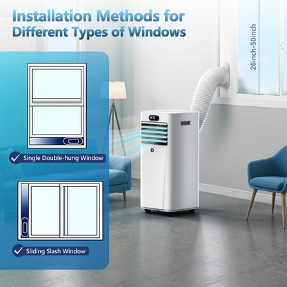 10000 BTU portable 3-in-1 AC unit, 450 sq ft coverage, sleep mode, timer, window kit included.