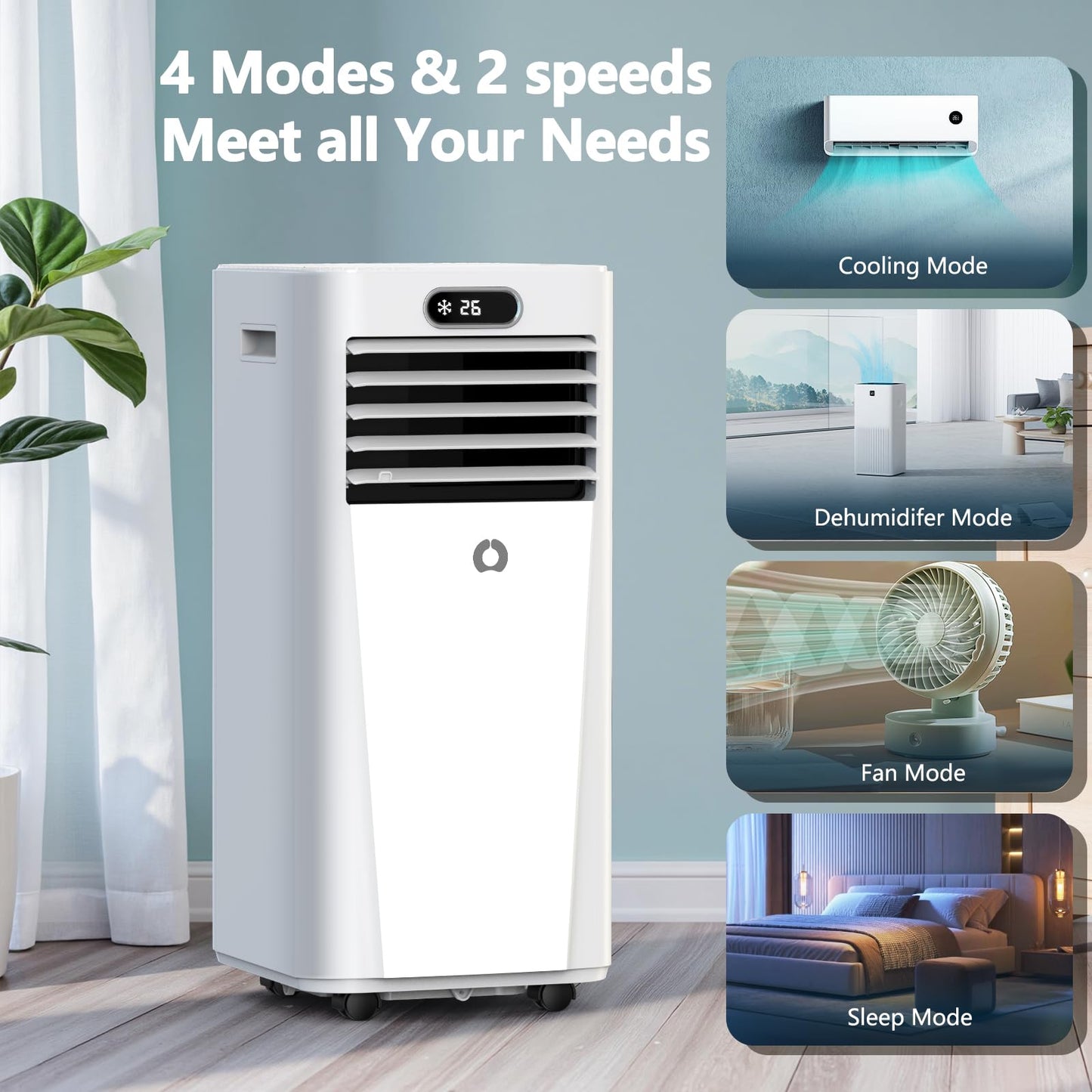 10000 BTU portable 3-in-1 AC unit, 450 sq ft coverage, sleep mode, timer, window kit included.