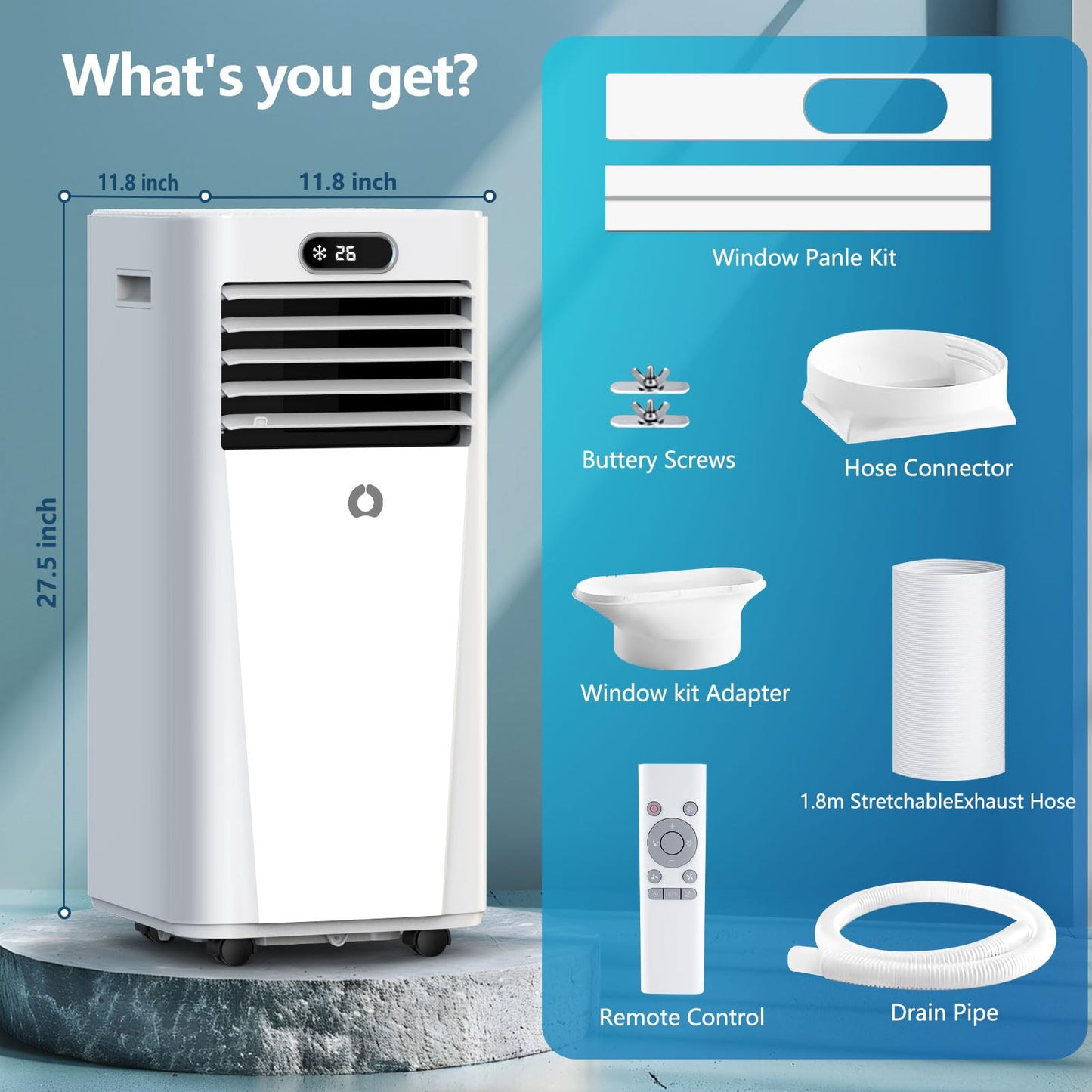 10000 BTU portable 3-in-1 AC unit, 450 sq ft coverage, sleep mode, timer, window kit included.