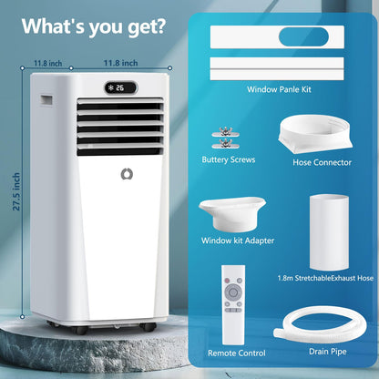 10000 BTU portable 3-in-1 AC unit, 450 sq ft coverage, sleep mode, timer, window kit included.