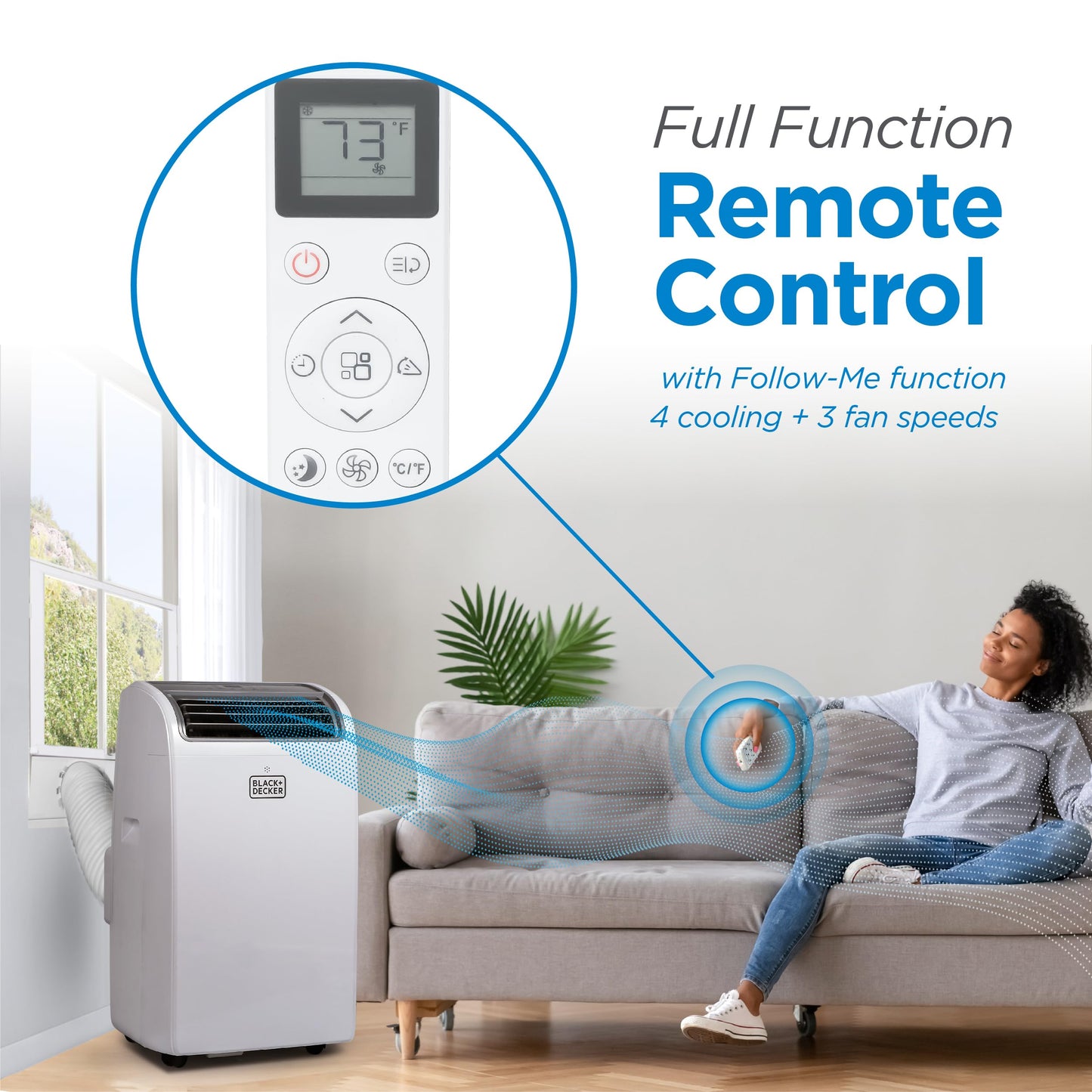 BLACK+DECKER 14000 BTU portable AC with heating, 700 sq ft room coverage, smart controls.