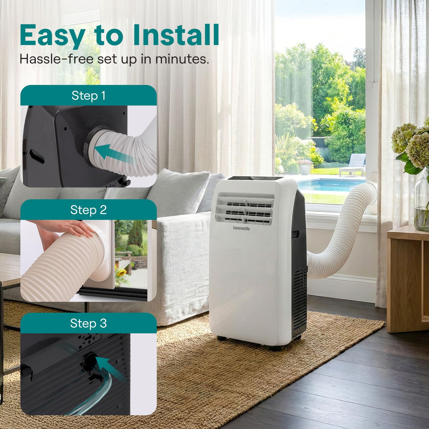 SereneLife 12000 BTU portable air conditioner, built-in dehumidifier, up to 550 sq ft coverage.