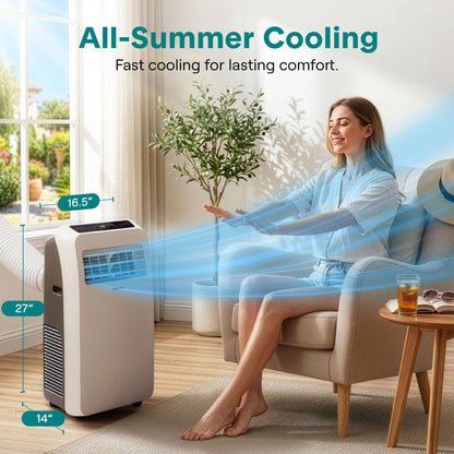 SereneLife 12000 BTU portable air conditioner, built-in dehumidifier, up to 550 sq ft coverage.