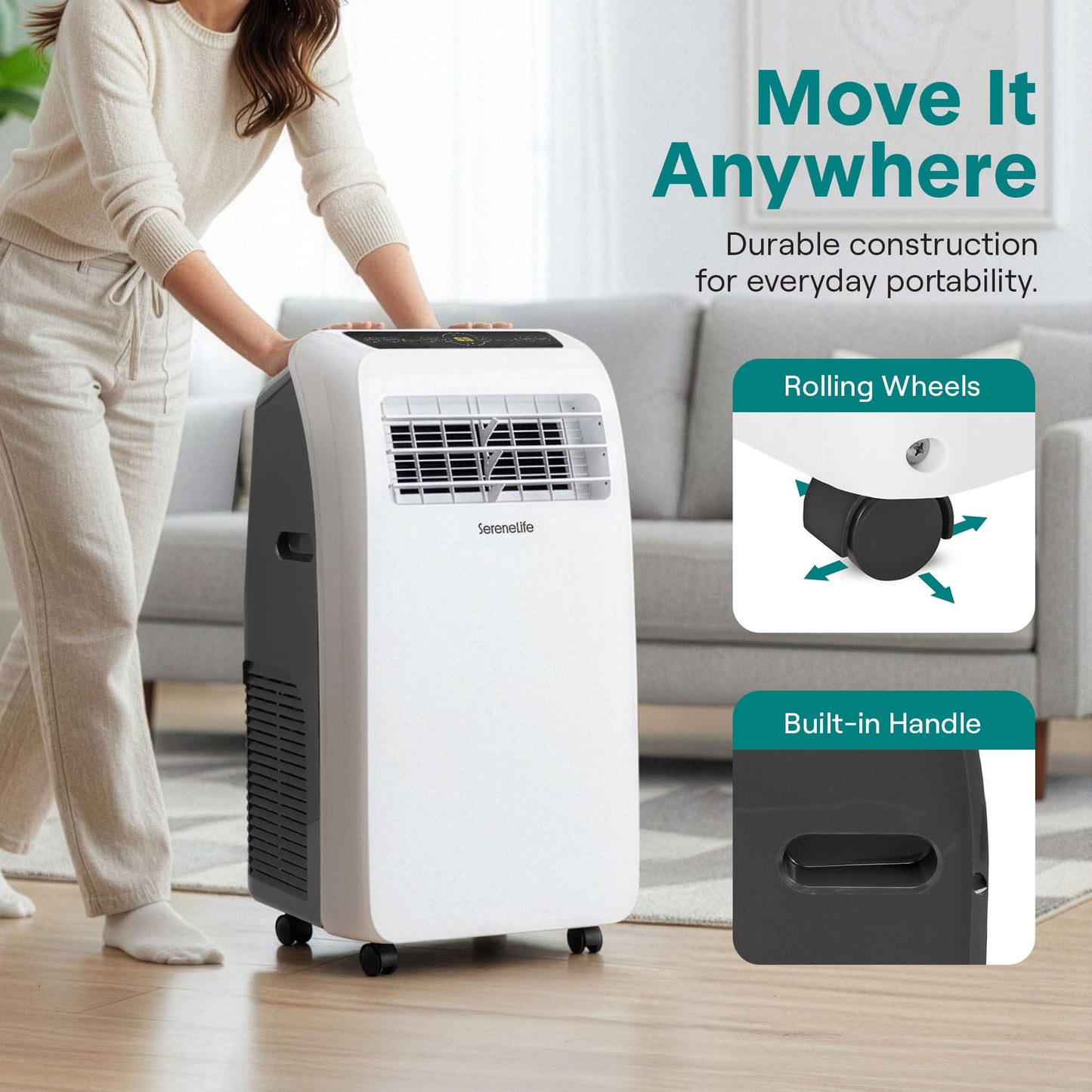 SereneLife 12000 BTU portable air conditioner, built-in dehumidifier, up to 550 sq ft coverage.