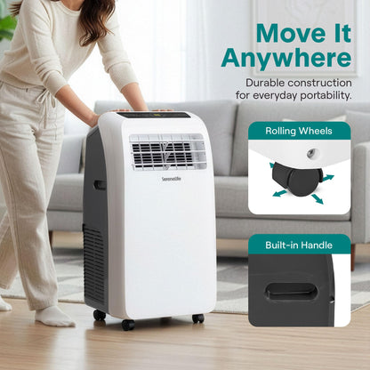 SereneLife 12000 BTU portable air conditioner, built-in dehumidifier, up to 550 sq ft coverage.