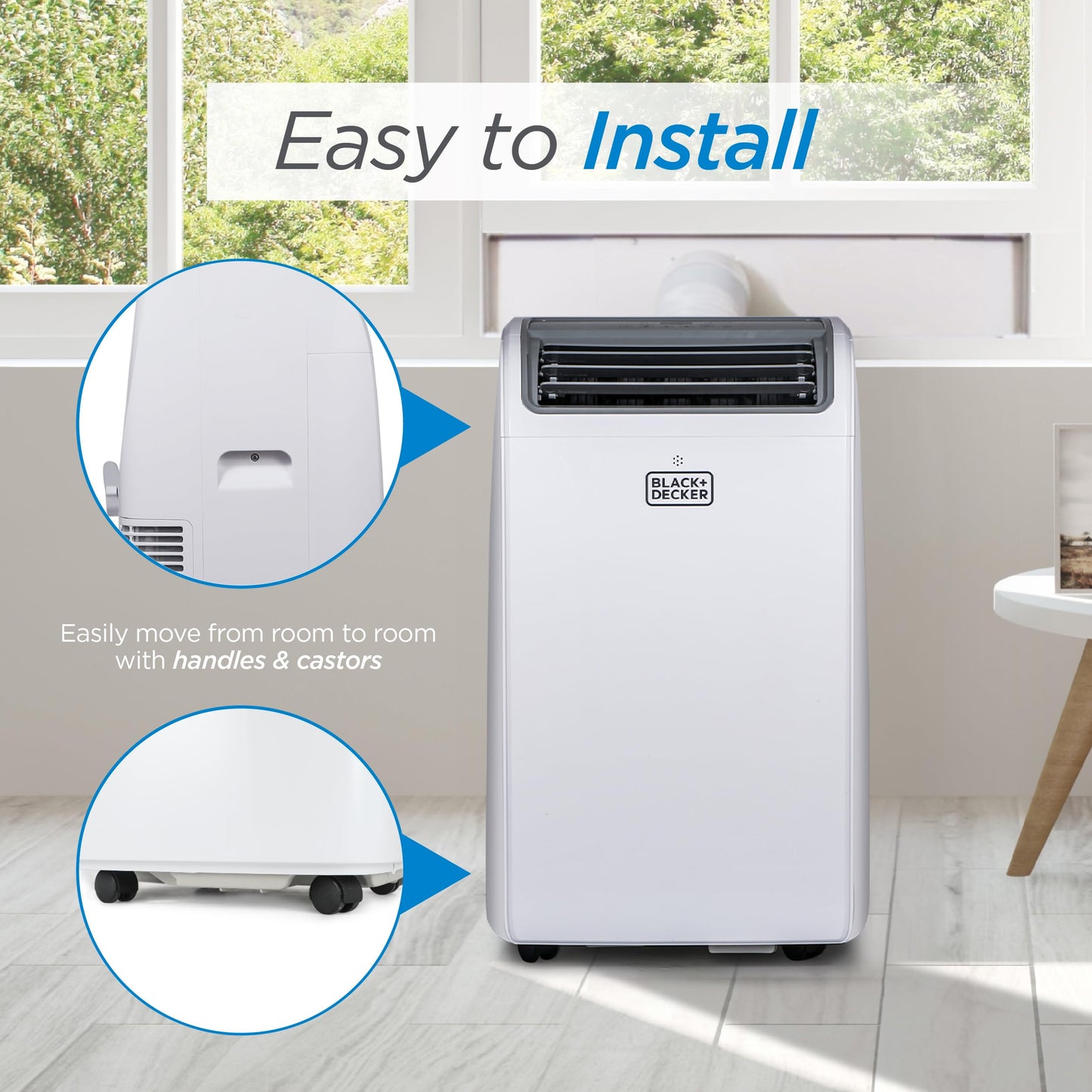 BLACK+DECKER 14000 BTU portable AC with heating, 700 sq ft room coverage, smart controls.