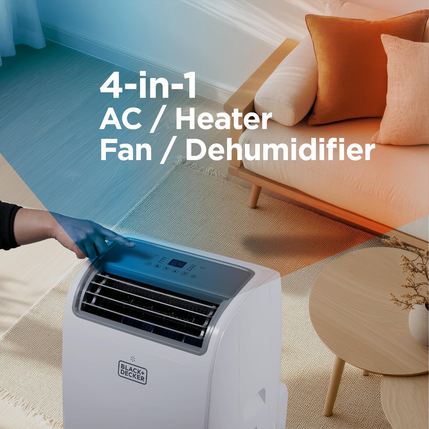 BLACK+DECKER 14000 BTU portable AC with heating, 700 sq ft room coverage, smart controls.