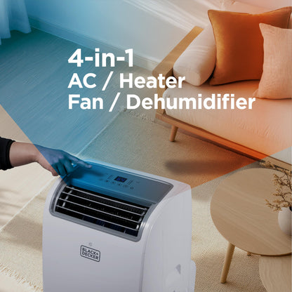 BLACK+DECKER 14000 BTU portable AC with heating, 700 sq ft room coverage, smart controls.